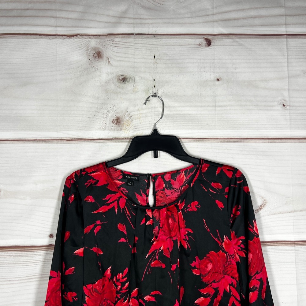 Talbots Floral Blouse Womens Small Black Red Rose Satin Long Sleeve Keyhole Neck - Picture 6 of 9